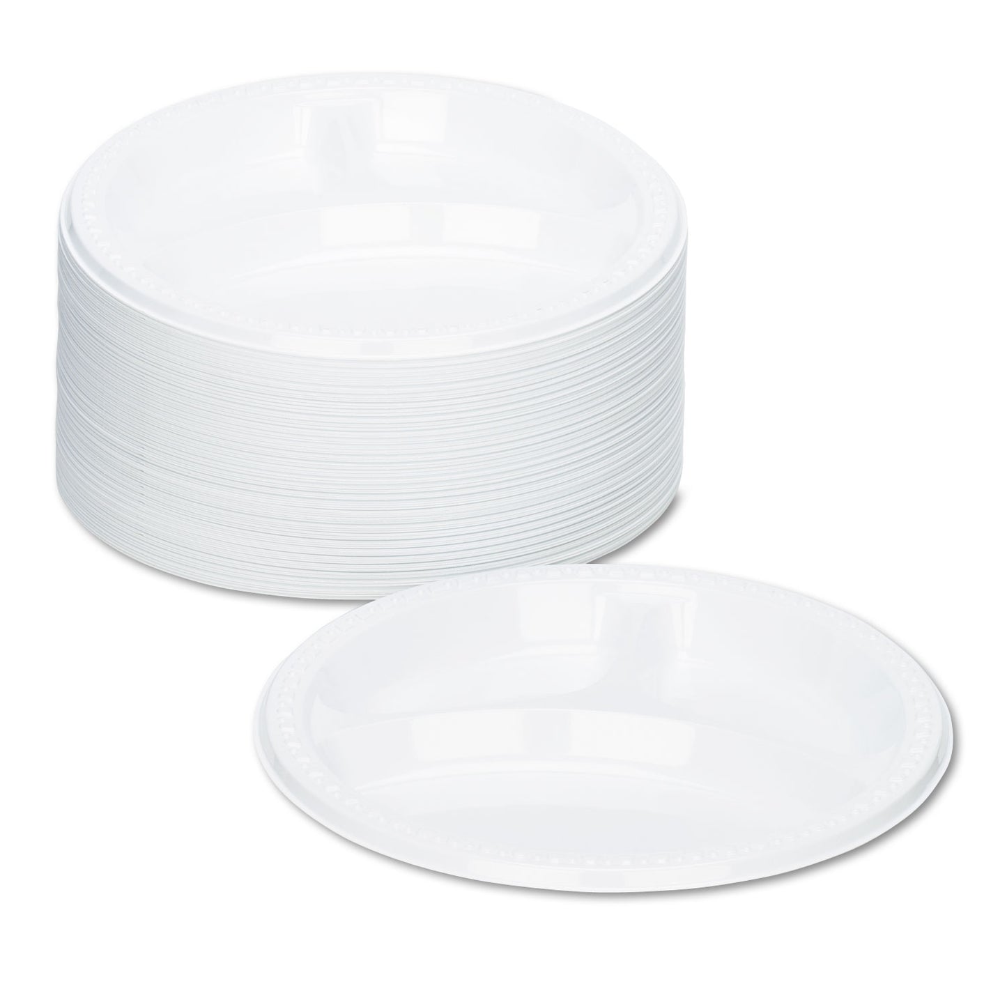 Plastic Dinnerware, 3-Compartment Plates, 9" dia, White, 125/Pack